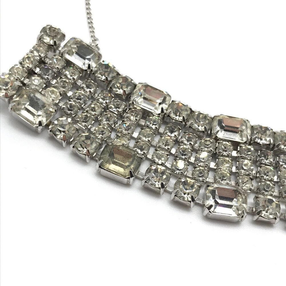 Weiss Signed Vintage Rhinestone Wide Five Row Statement Bracelet W/ Safety Chain - Picture 3 of 9